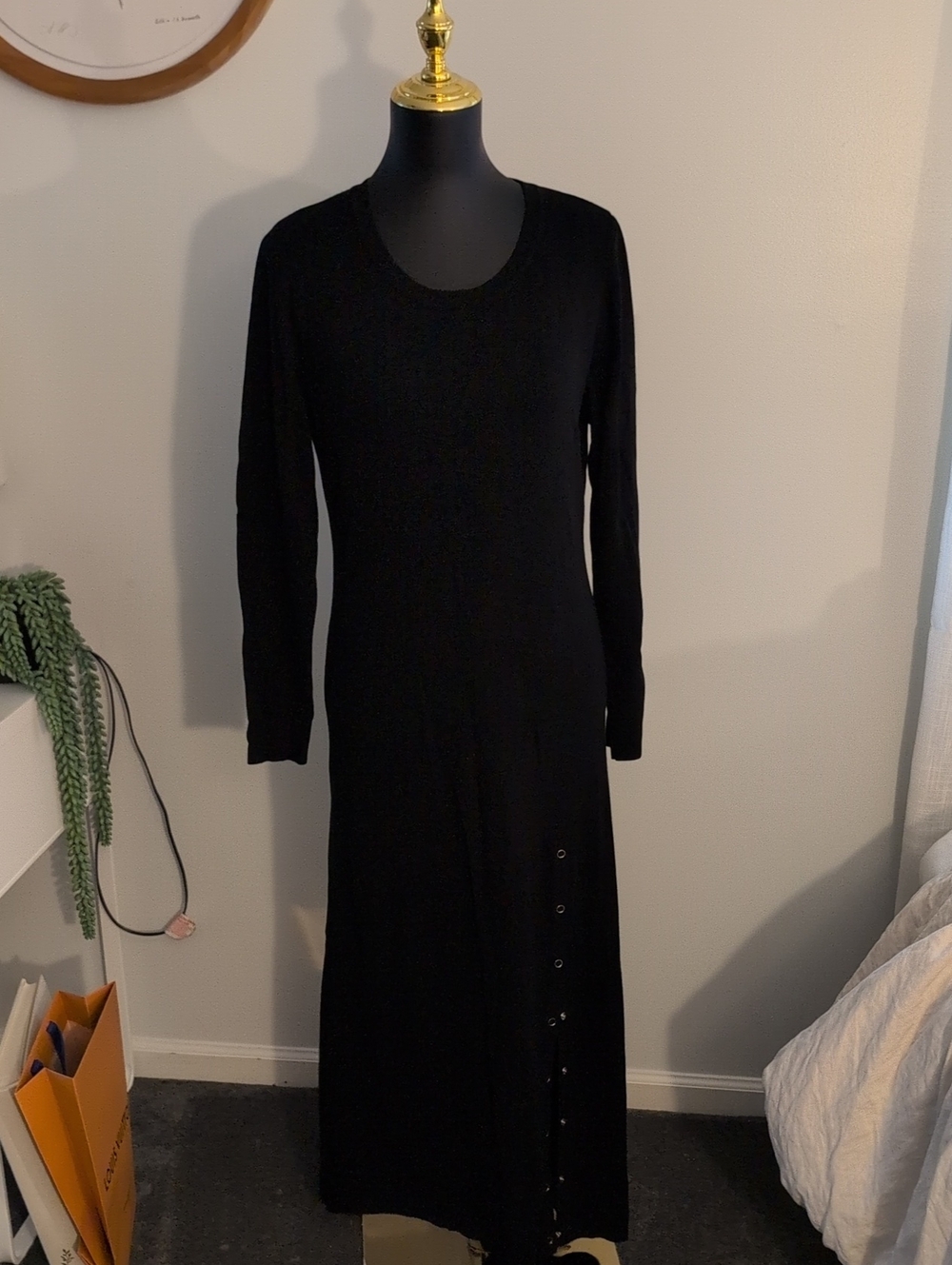 bohme Black Long Sleeve Maxi Dress with Side Button Detail